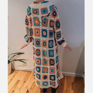 Granny Square Cardigan Crochet Sweater Maxi Long Hooded Afghan 100% Cotton Knit